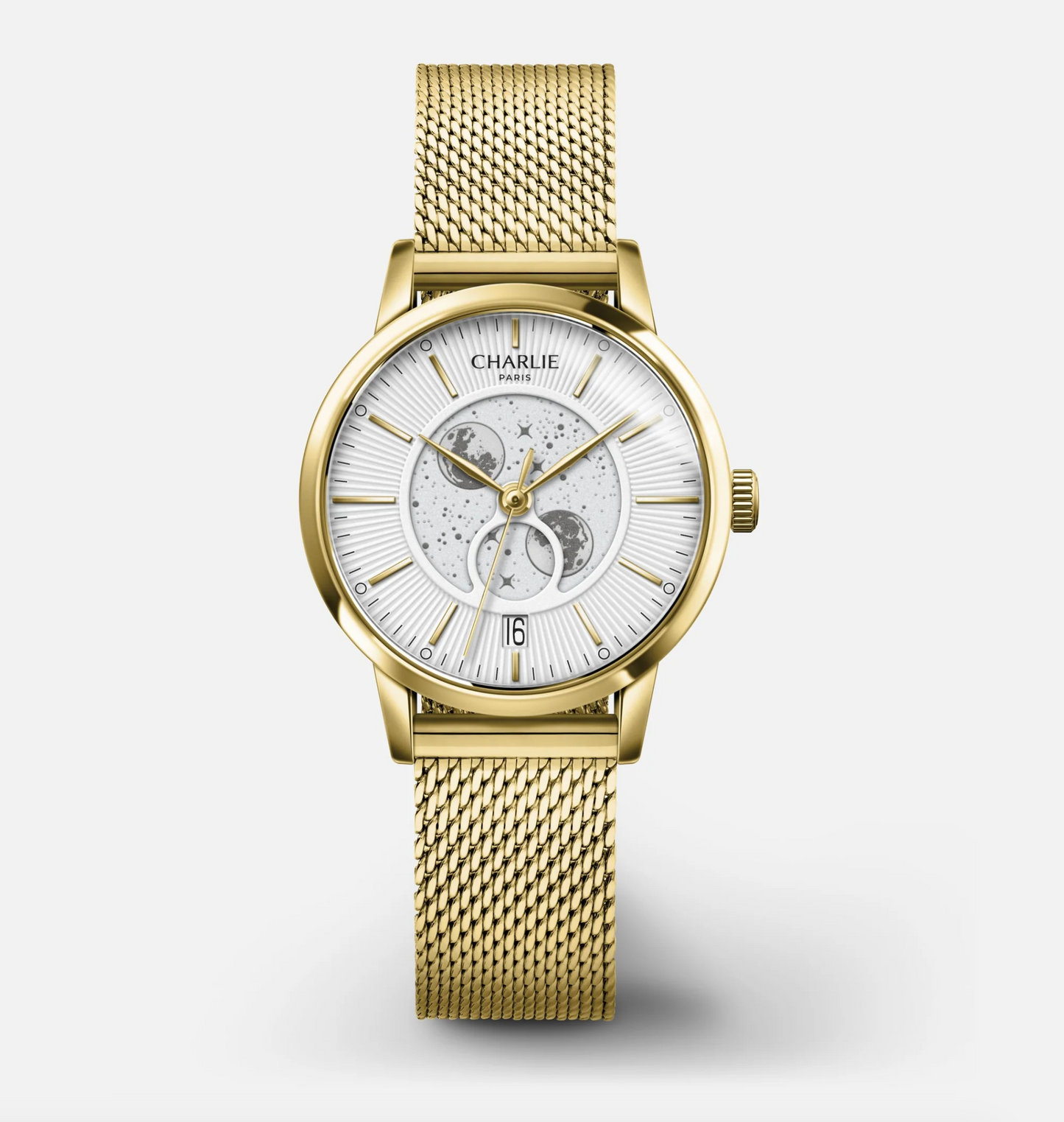 Montre Charlie Paris : Sully Quartz Phase De Lune Blanc Or