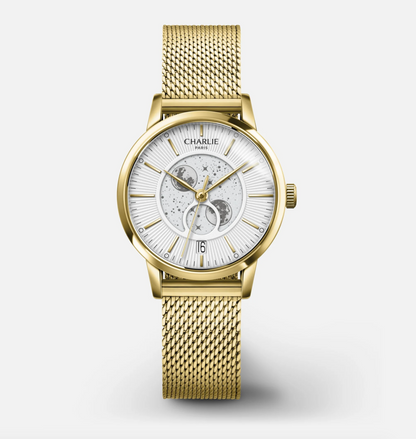 Montre Charlie Paris : Sully Quartz Phase De Lune Blanc Or
