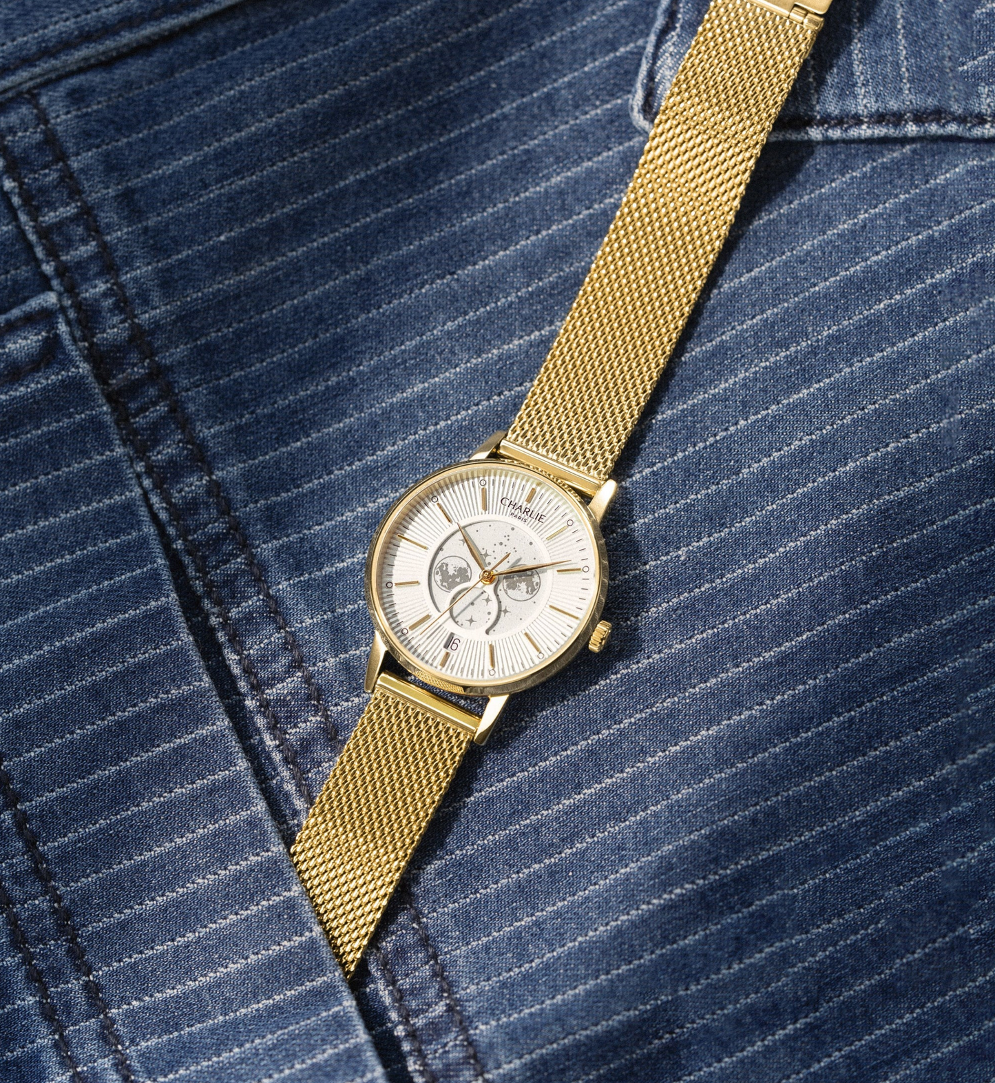 Montre Charlie Paris : Sully Quartz Phase De Lune Blanc Or