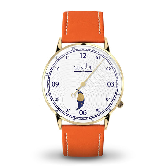 GUSTAVE : GEORGES 12H – PHASE DE LUNE OR ET BLANC - CUIR ORANGE