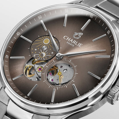 CHARLIE PARIS WATCH: INITIAL OPEN HEART DAY/NIGHT TAUPE 