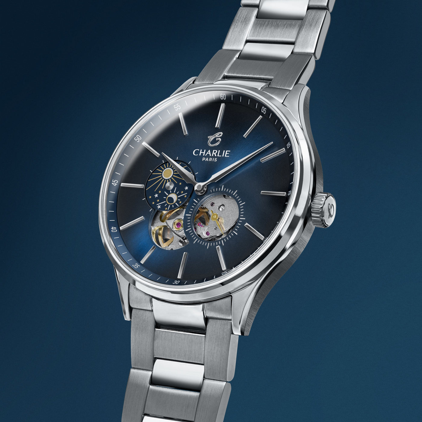 CHARLIE PARIS WATCH: INITIAL OPEN HEART DAY/NIGHT BLUE 