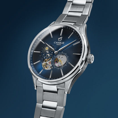 CHARLIE PARIS WATCH: INITIAL OPEN HEART DAY/NIGHT BLUE 
