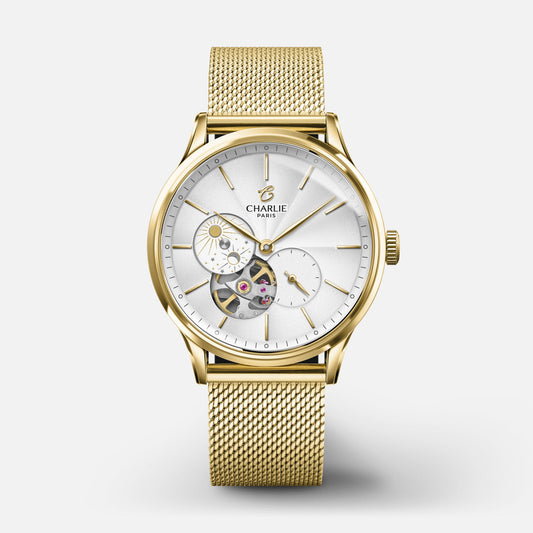 CHARLIE PARIS WATCH: INITIAL 36 OPEN HEART DAY/NIGHT GOLD