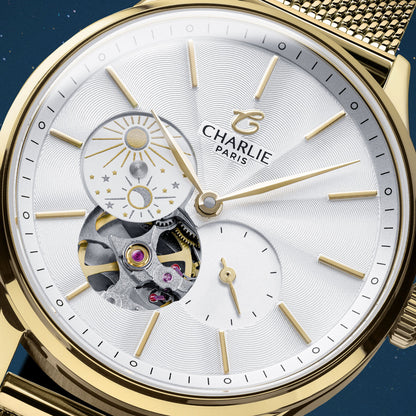 CHARLIE PARIS WATCH: INITIAL 36 OPEN HEART DAY/NIGHT GOLD