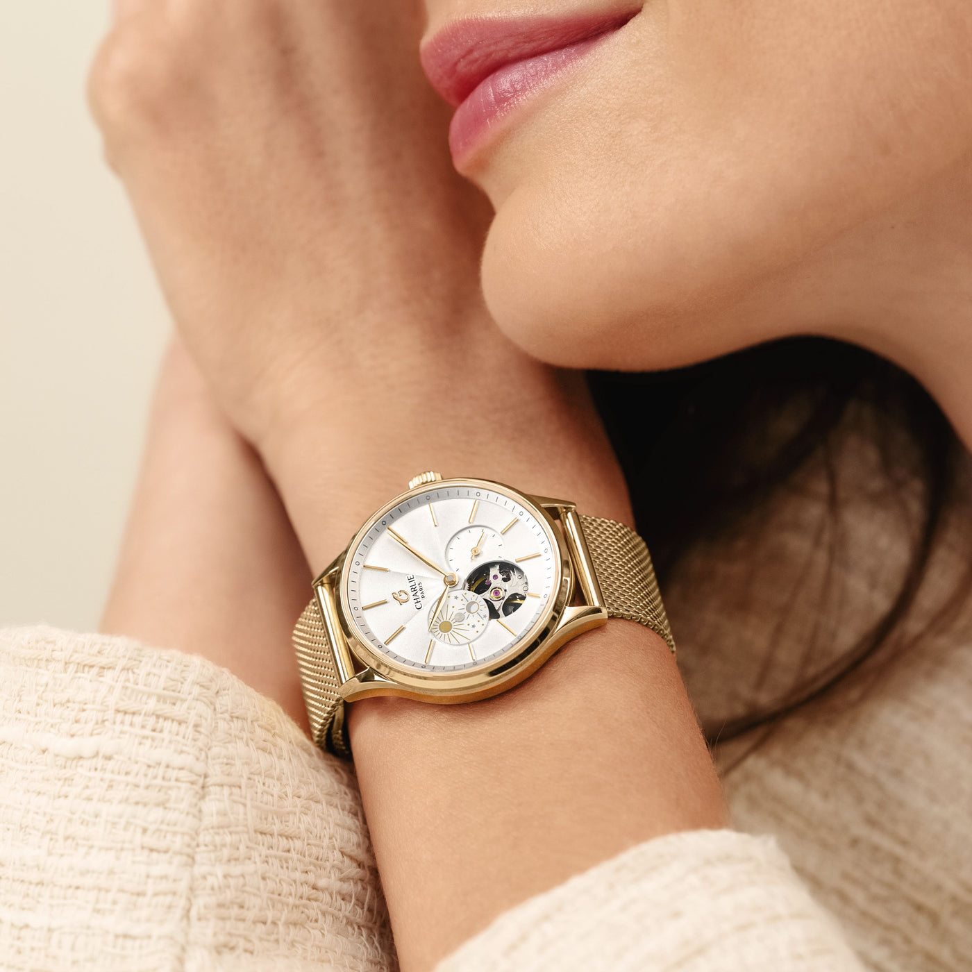 CHARLIE PARIS WATCH: INITIAL 36 OPEN HEART DAY/NIGHT GOLD