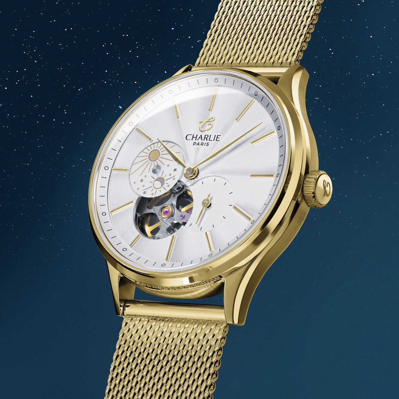 CHARLIE PARIS WATCH: INITIAL 36 OPEN HEART DAY/NIGHT GOLD