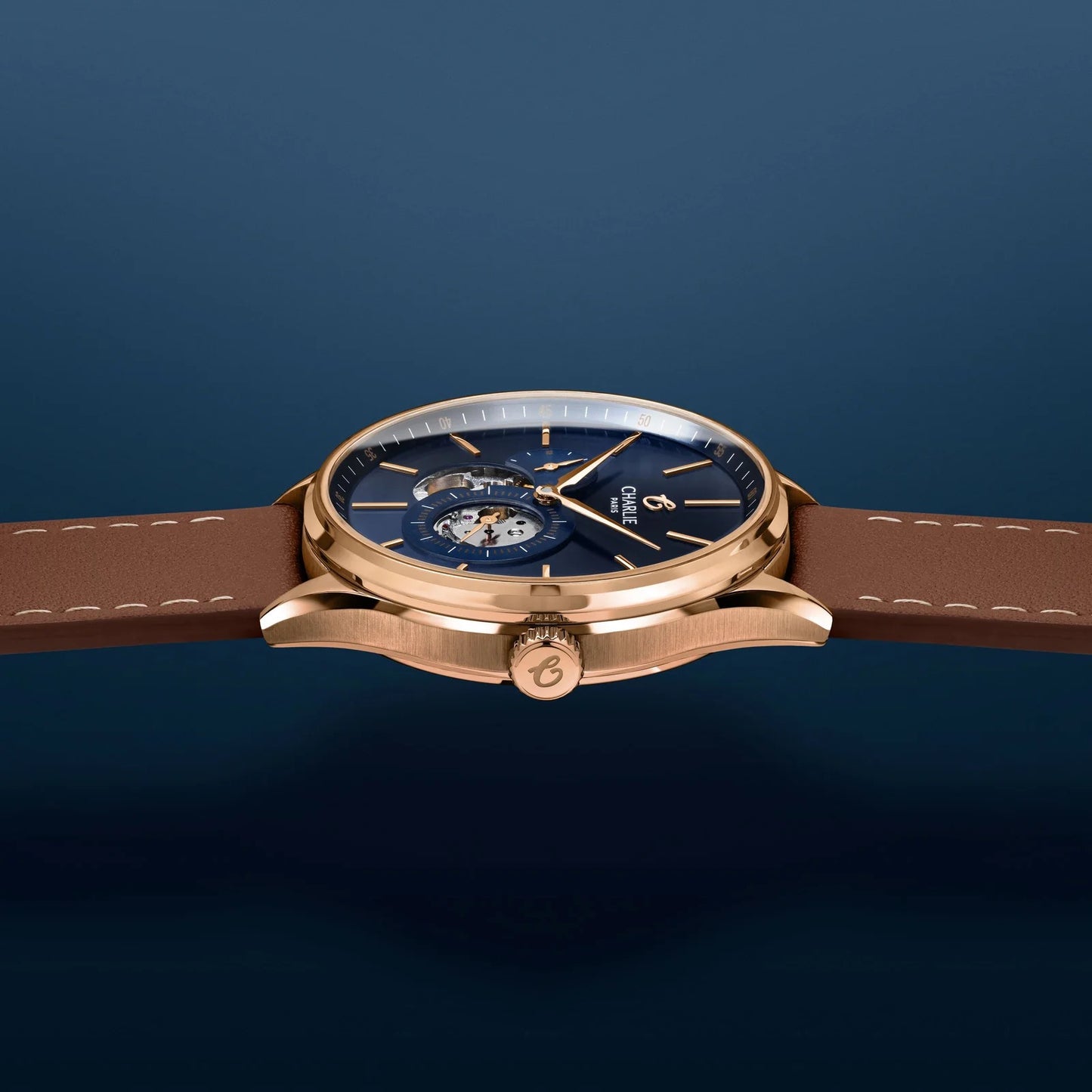CHARLIE PARIS WATCH: INITIAL OPEN HEART ROSE GOLD & BLUE 