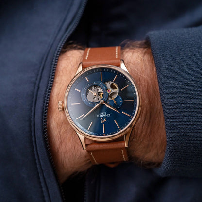 CHARLIE PARIS WATCH: INITIAL OPEN HEART ROSE GOLD & BLUE 