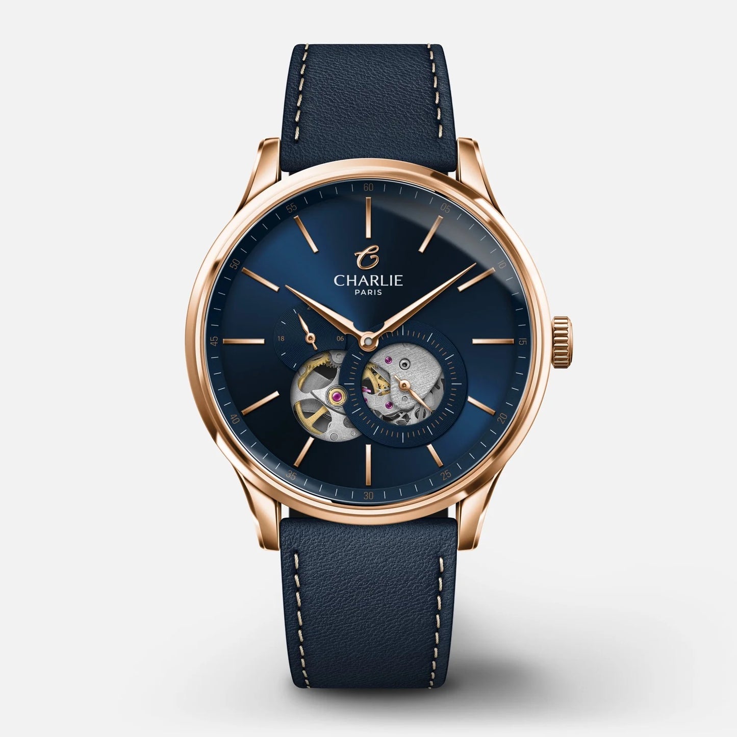 CHARLIE PARIS WATCH: INITIAL OPEN HEART ROSE GOLD & BLUE 