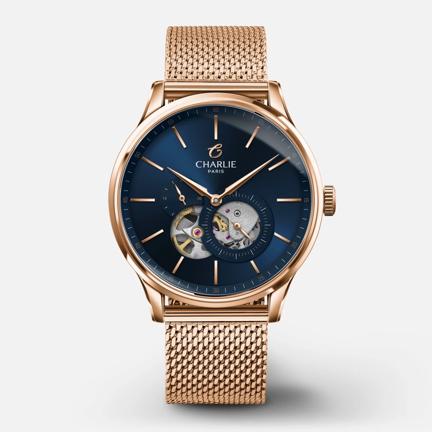CHARLIE PARIS WATCH: INITIAL OPEN HEART ROSE GOLD & BLUE 