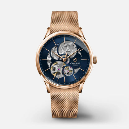 CHARLIE PARIS WATCH: INITIAL 36 OPENWORK ROSE GOLD & BLUE