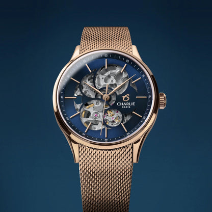 CHARLIE PARIS WATCH: INITIAL 36 OPENWORK ROSE GOLD & BLUE