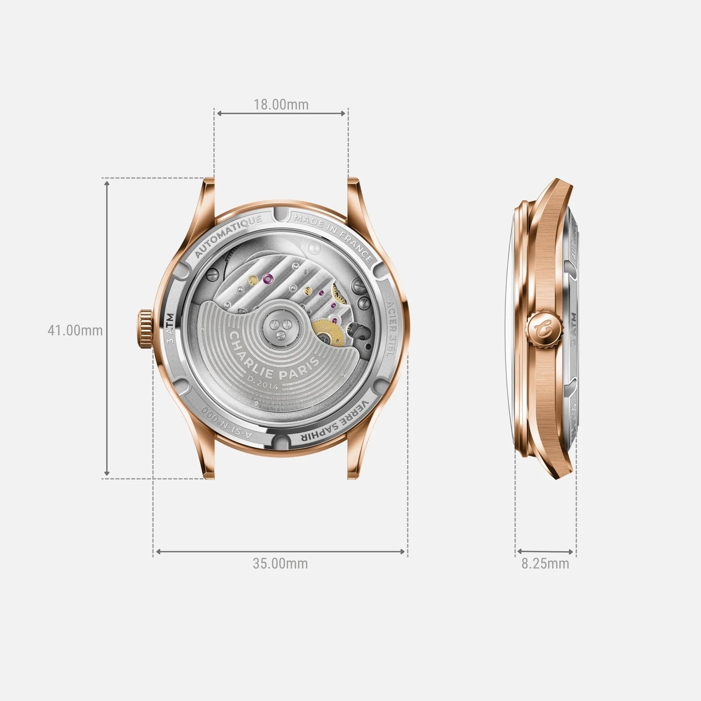 CHARLIE PARIS WATCH: INITIAL 35 OPEN HEART ROSE GOLD & BLUE