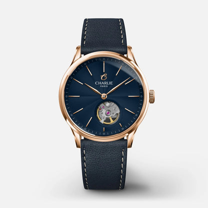 CHARLIE PARIS WATCH: INITIAL 35 OPEN HEART ROSE GOLD & BLUE
