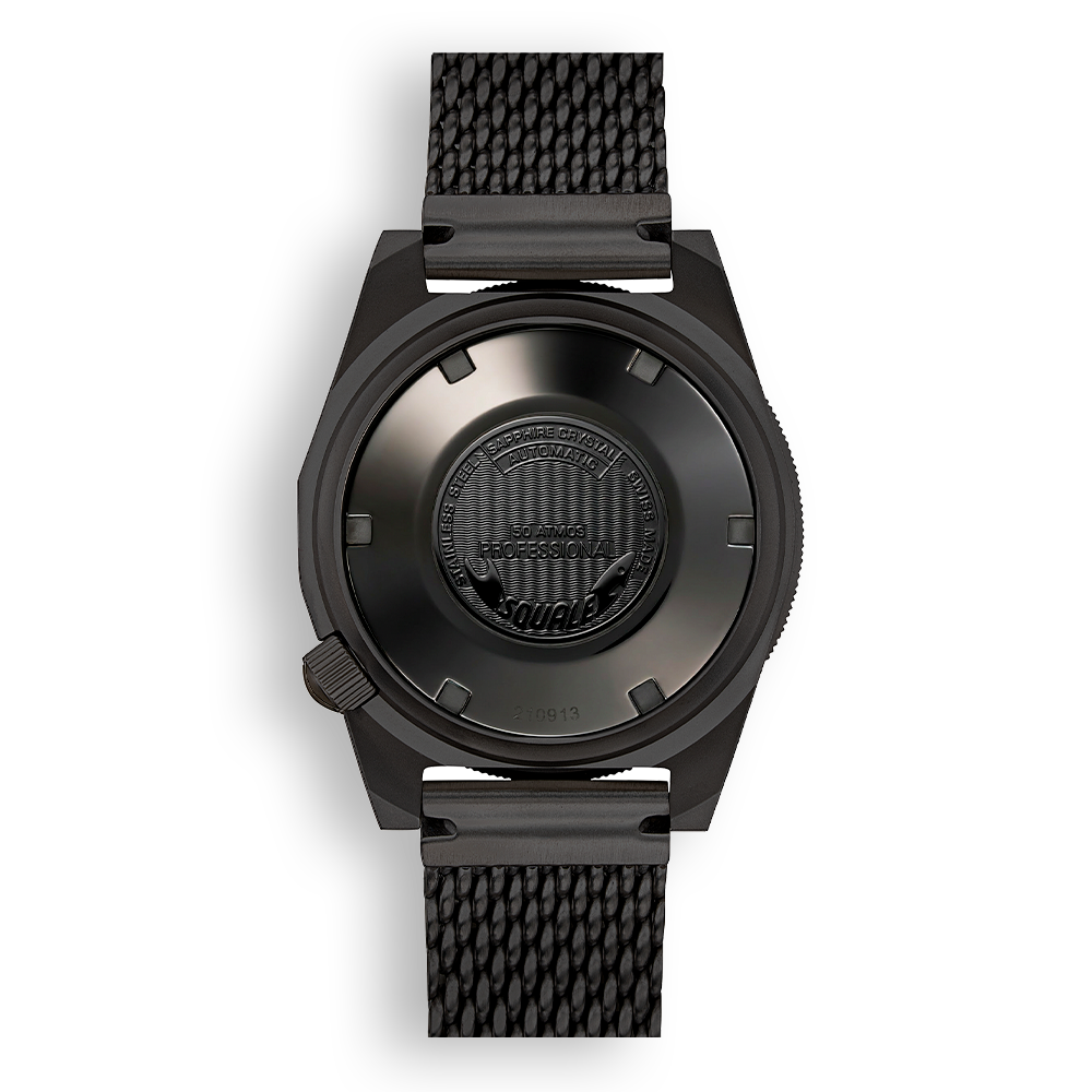 Squale 1521 DLC noire — Milanais noir — détail de la montre