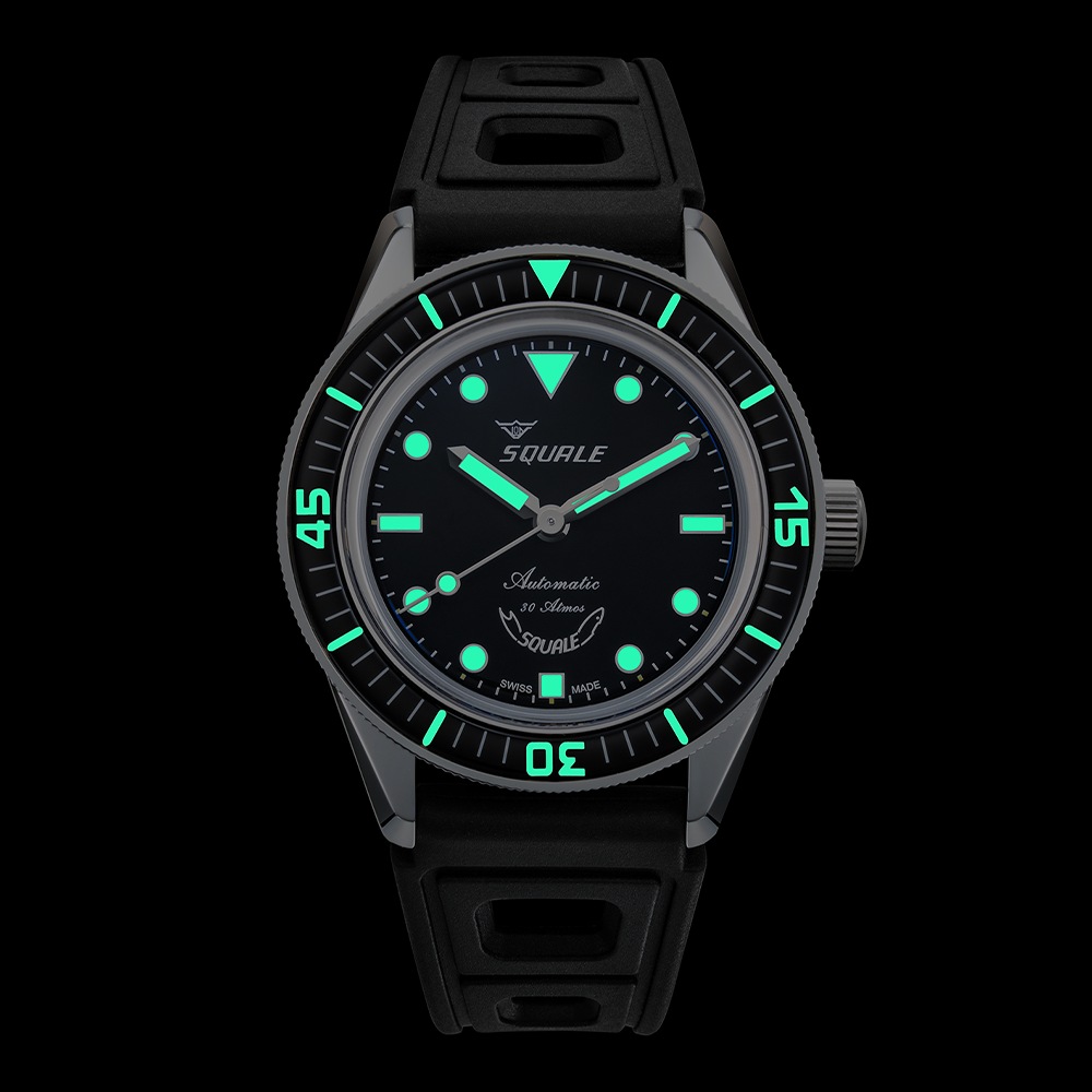 Squale SUB-37 Légende — bracelet caoutchouc noir — luminescence nocturne