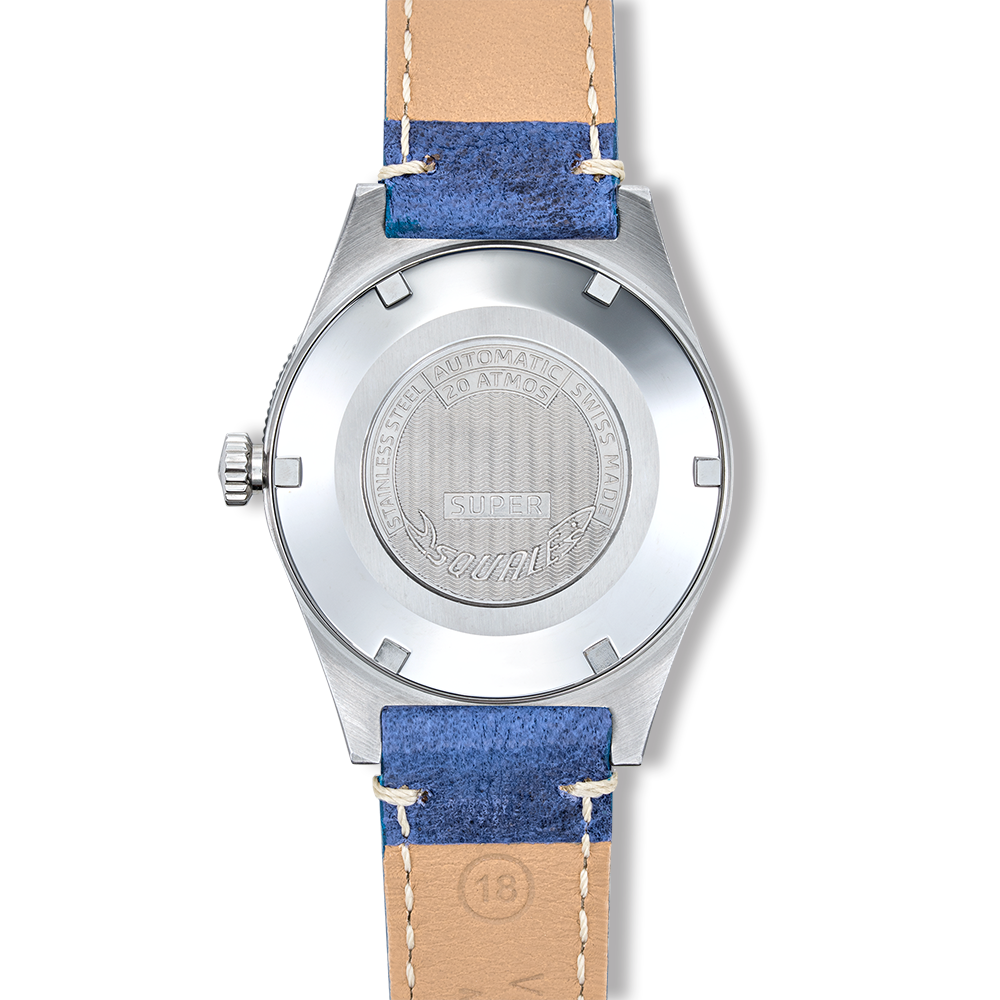 Squale Super Squale Big Arrows bleue — bracelet cuir bleu — vue de dos