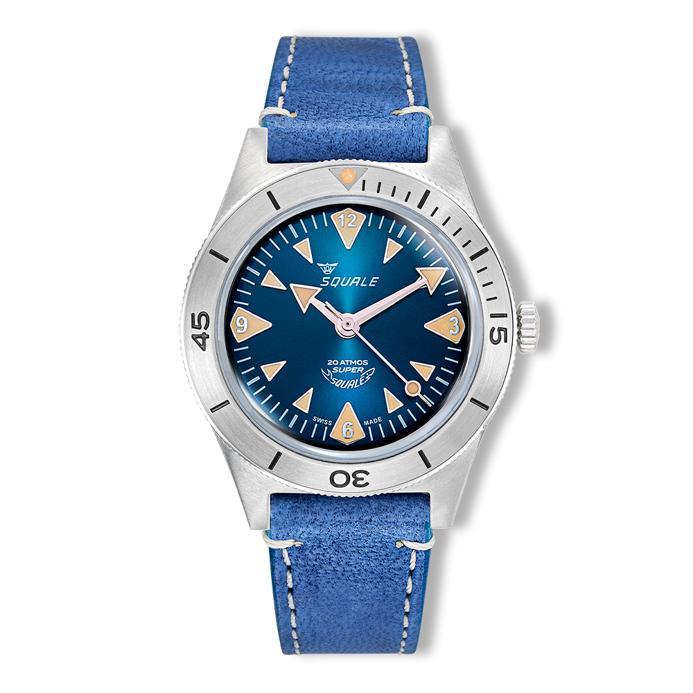 Squale Super Squale Big Arrows bleue — bracelet cuir bleu — vue de face