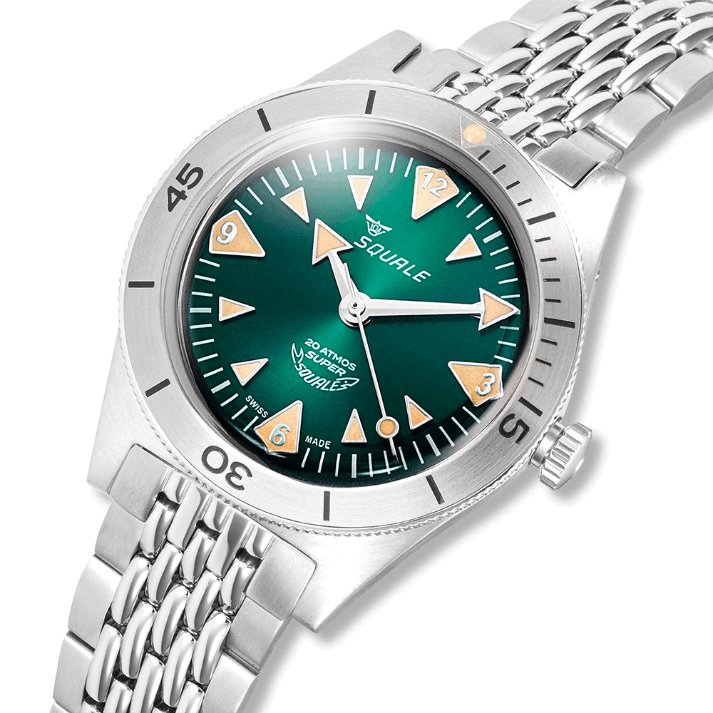 Squale Super Squale Big Arrows verte — bracelet acier — détail du cadran