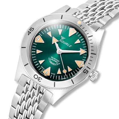 Squale Super Squale Big Arrows verte — bracelet acier — détail du cadran