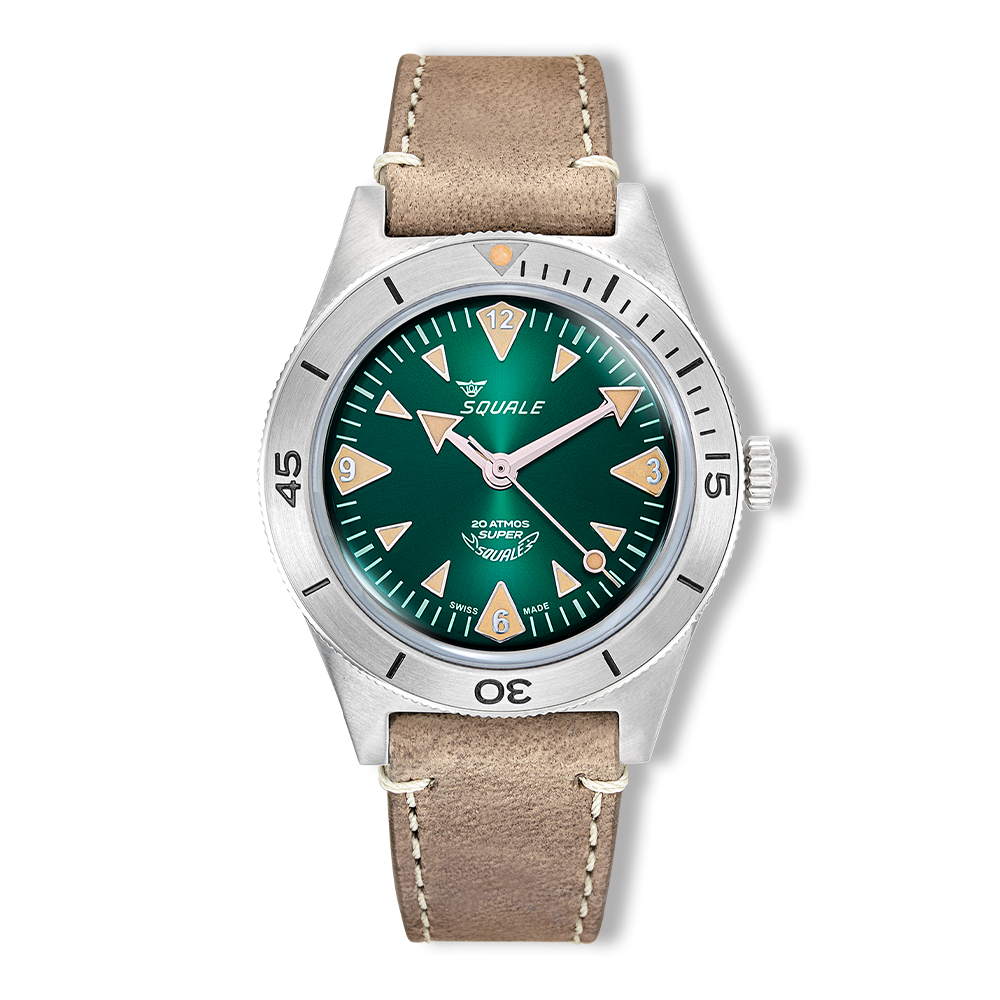 Squale Super Squale Big Arrows verte — bracelet cuir taupe — vue de face
