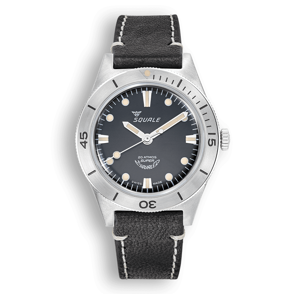 Squale Super Squale Sunray noire — bracelet cuir noir — vue de face
