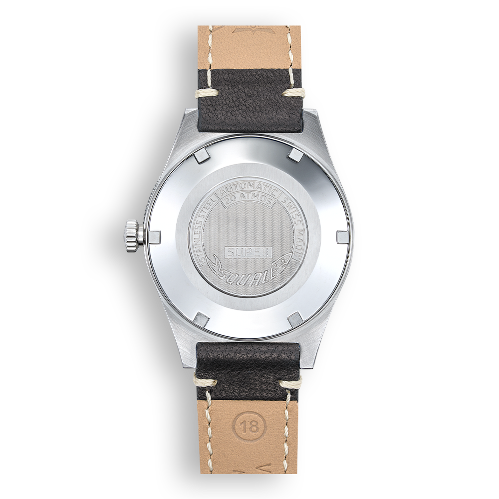 Squale Super Squale Sunray noire — bracelet cuir noir — vue de dos