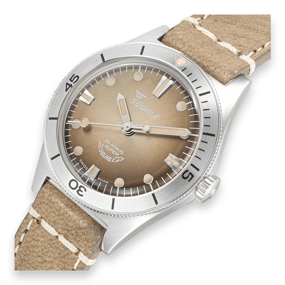 Squale Super Squale Sunray marron — bracelet cuir marron — détail du cadran