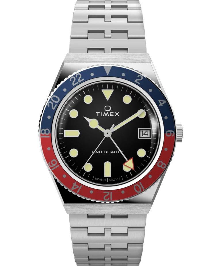 Timex : Q Timex GMT noir 38 mm, vue de face