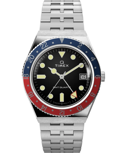 Timex : Q Timex GMT noir 38 mm, vue de face