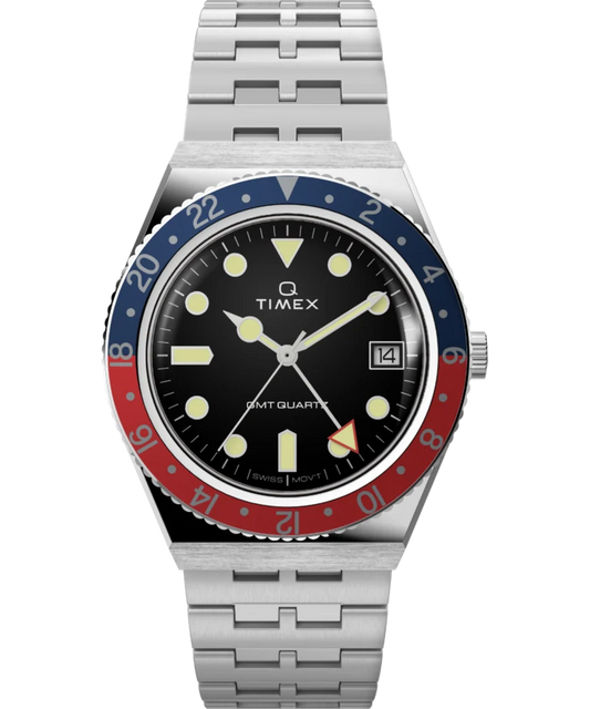 Timex : Q Timex GMT noir 38 mm, vue de face