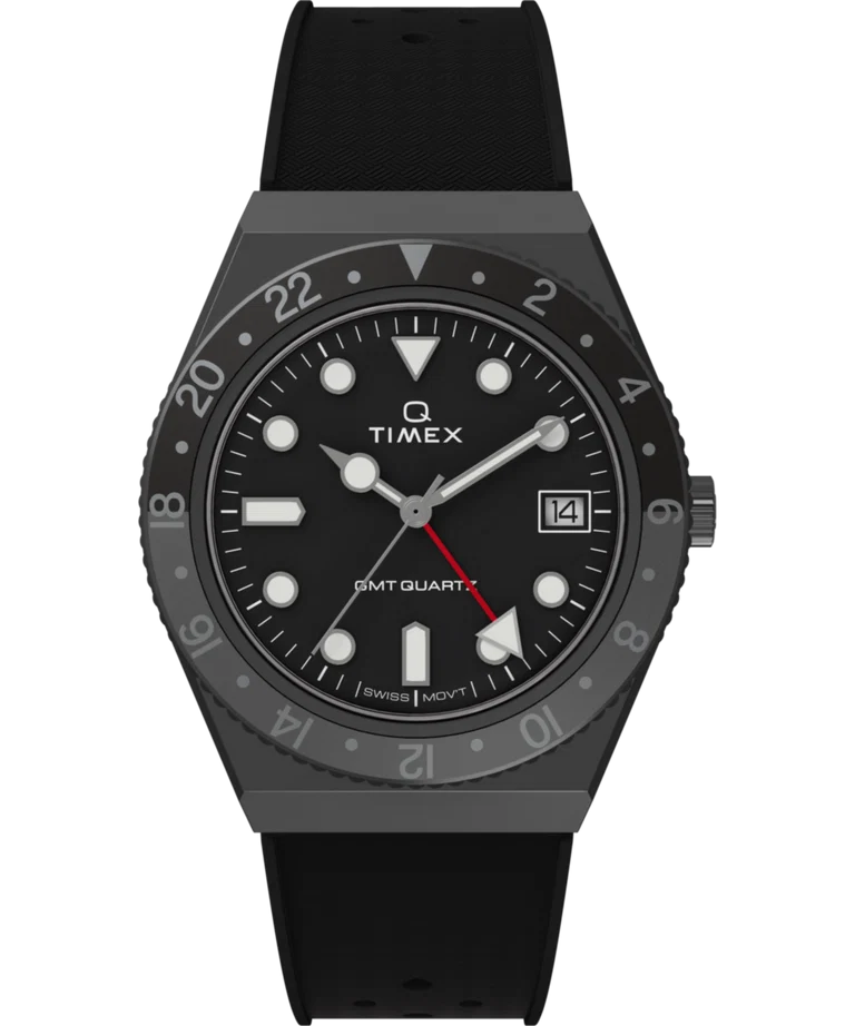 Timex : Q Timex GMT noir 38 mm, vue de face