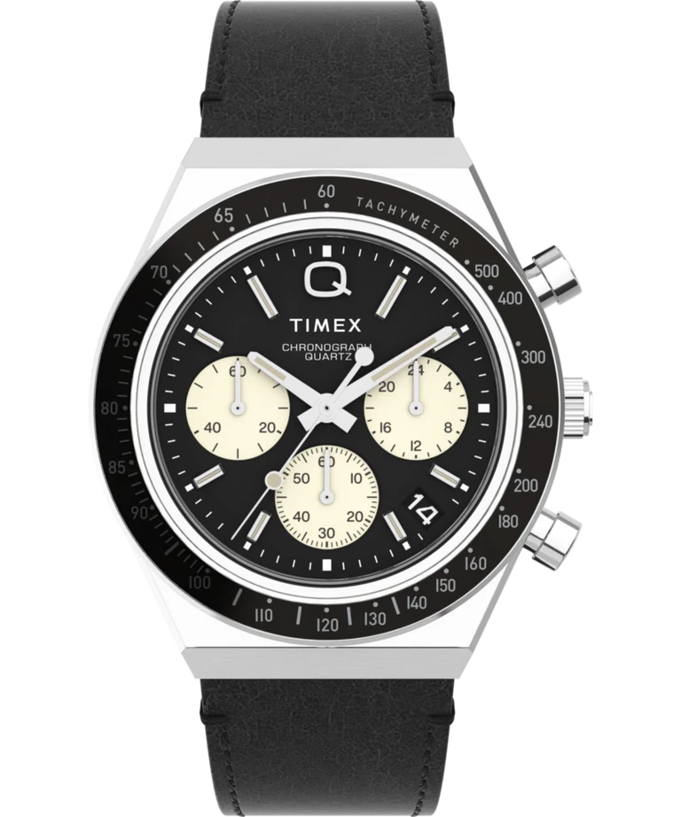 Timex : Q Timex chronographe noir 40 mm, vue de face