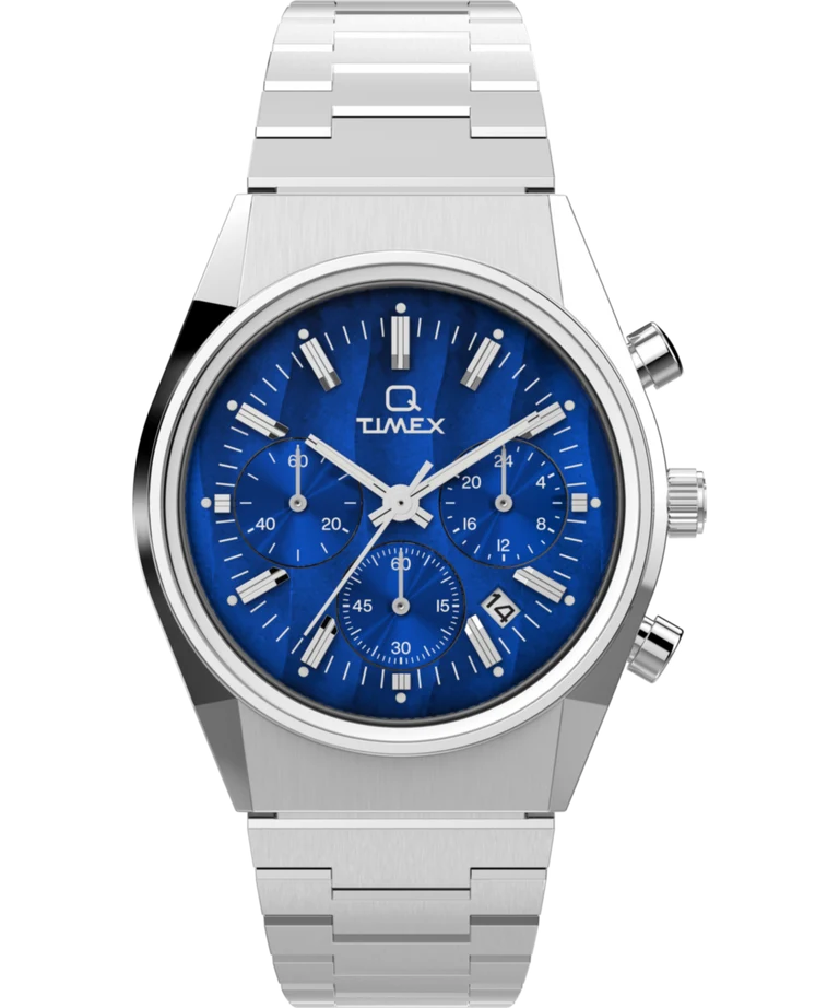 Timex : Q Timex Falcon Eye chronographe bleu 40 mm, vue de face