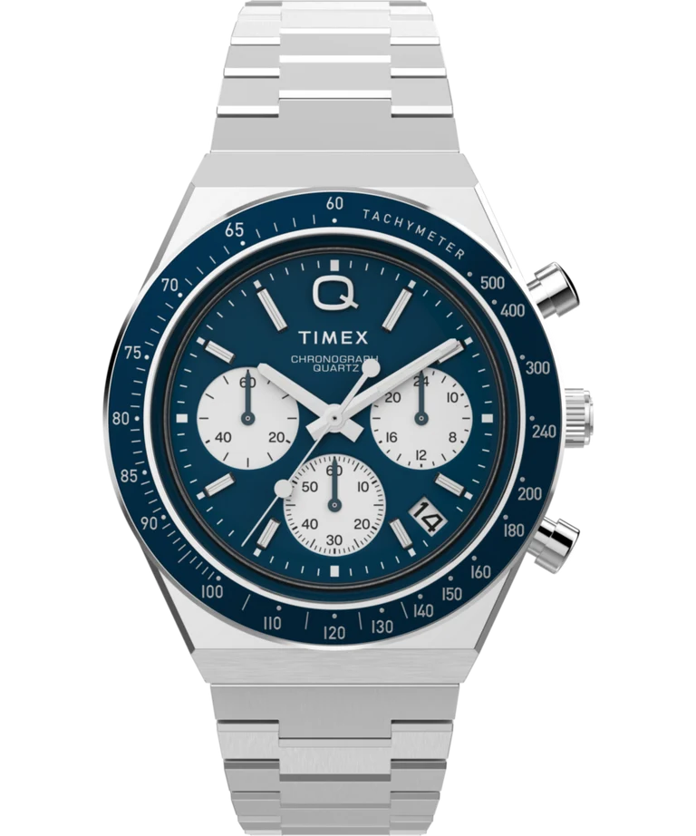 Timex : Q Timex chronographe bleu 40 mm, vue de face