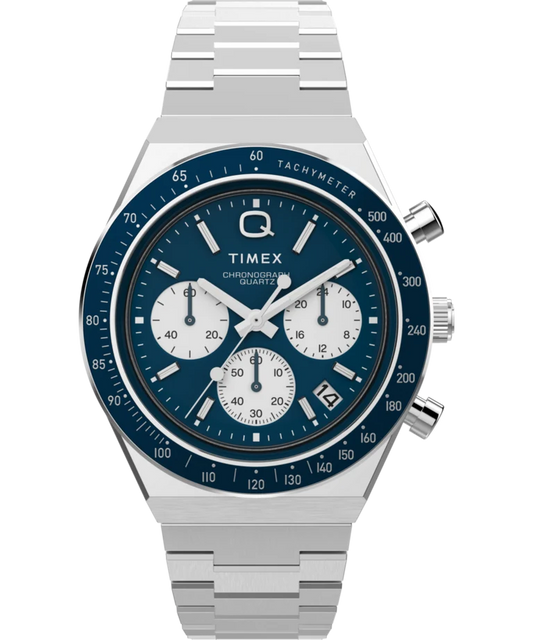 Timex : Q Timex chronographe bleu 40 mm, vue de face