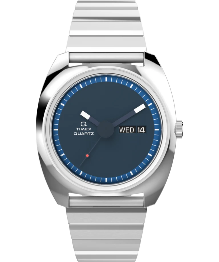 Timex : Q Timex 1975 Enigma Reissue bleu 37 mm, vue de face