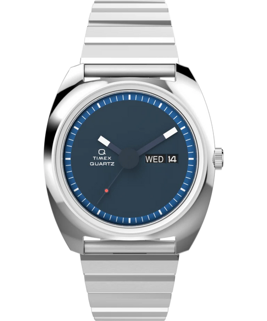 Timex : Q Timex 1975 Enigma Reissue bleu 37 mm, vue de face