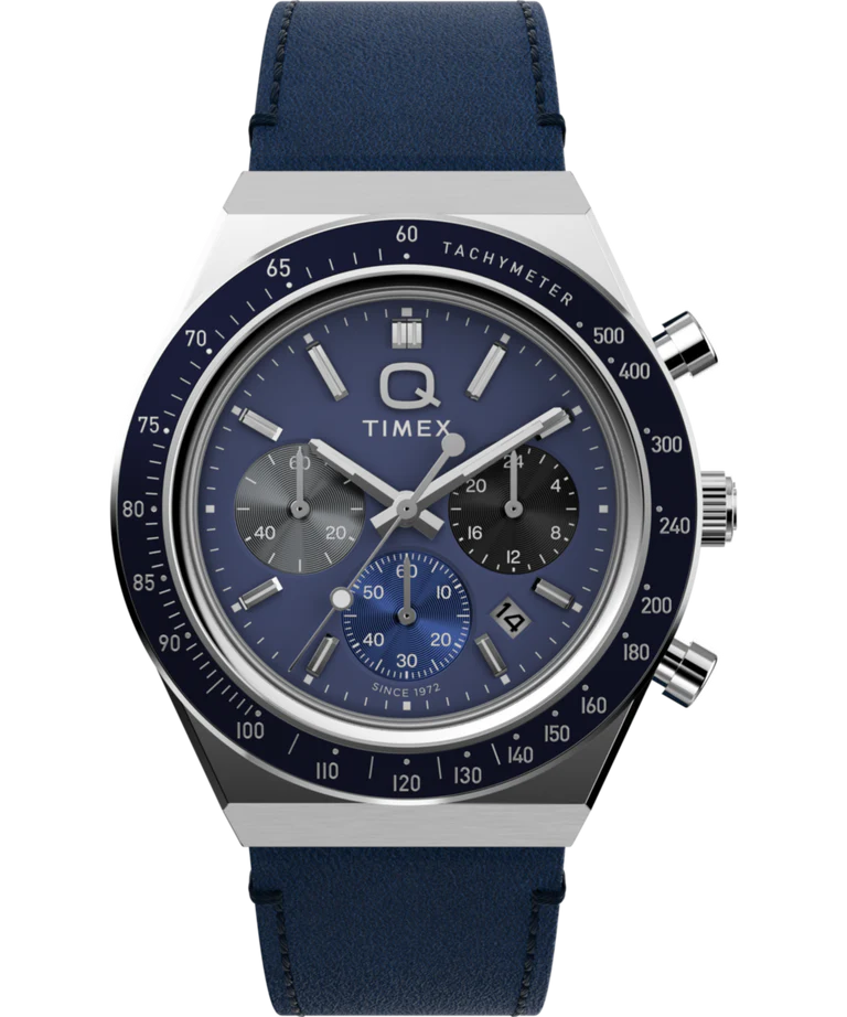 Timex : Q Timex chronographe bleu 40 mm, vue de face
