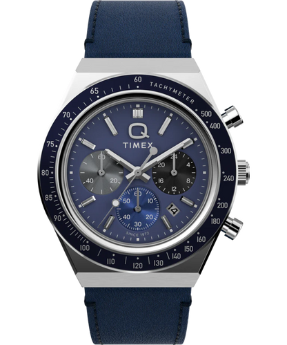 Timex : Q Timex chronographe bleu 40 mm, vue de face