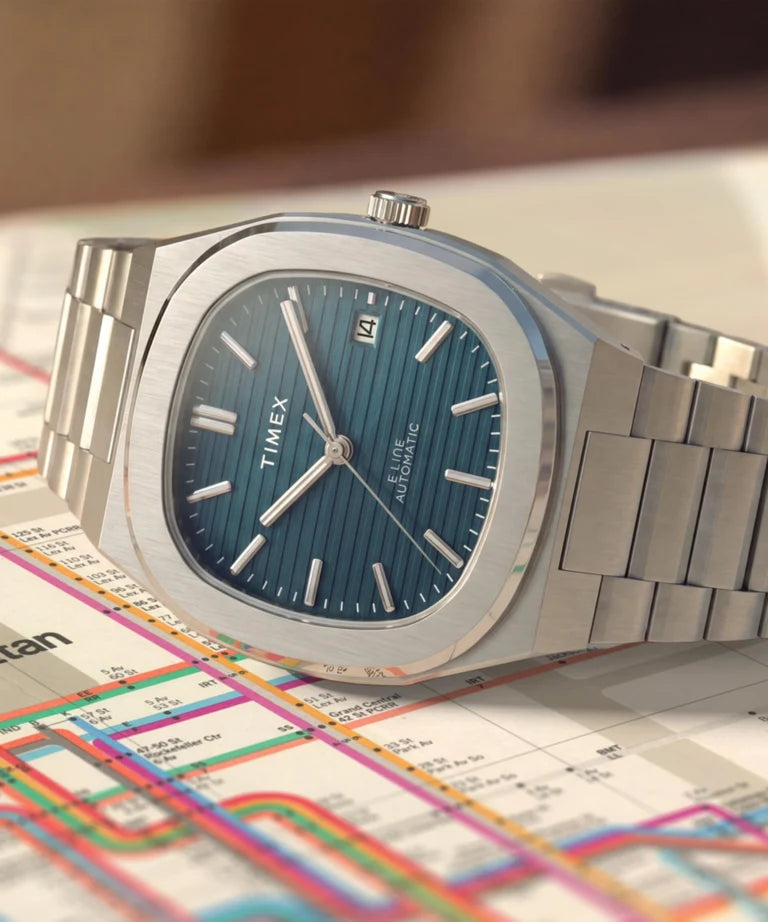 Timex : E Line automatique bleu 38 mm, vue de présentation