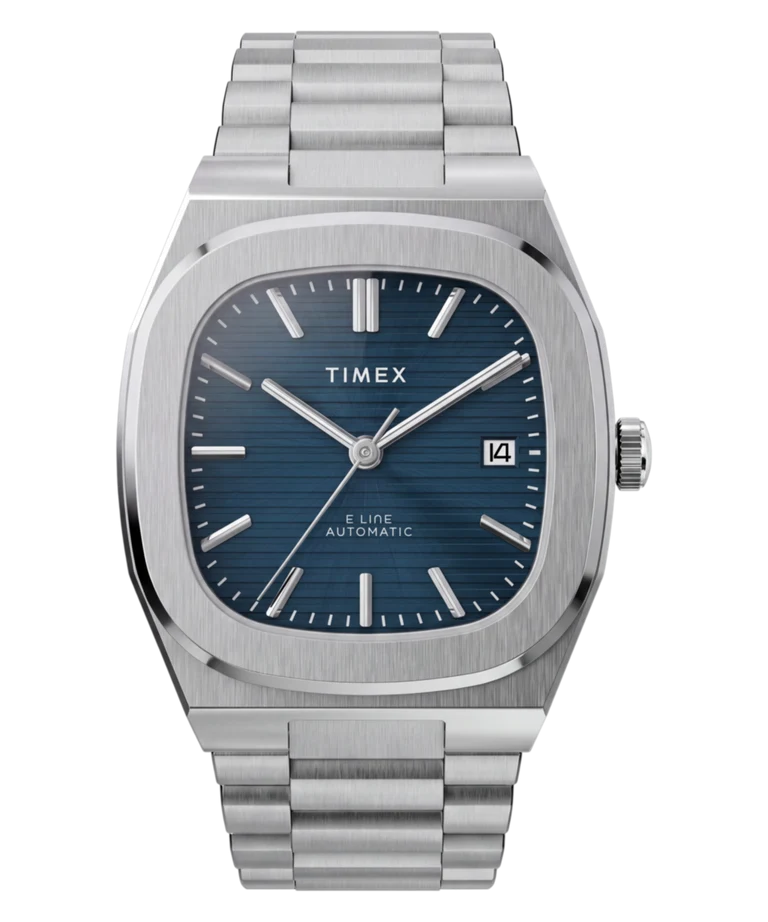 Timex : E Line automatique bleu 38 mm, vue de face
