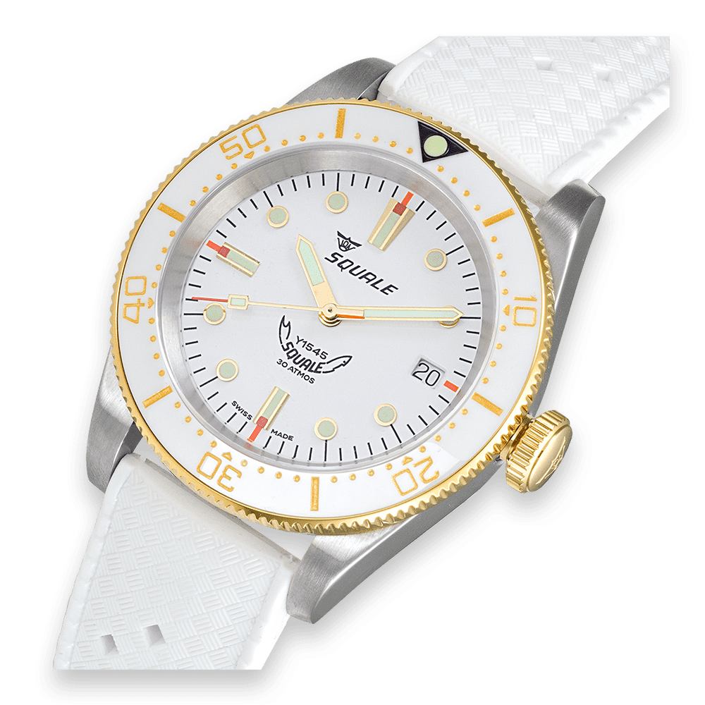 Squale 1545 blanche — bracelet caoutchouc blanc — détail du cadran