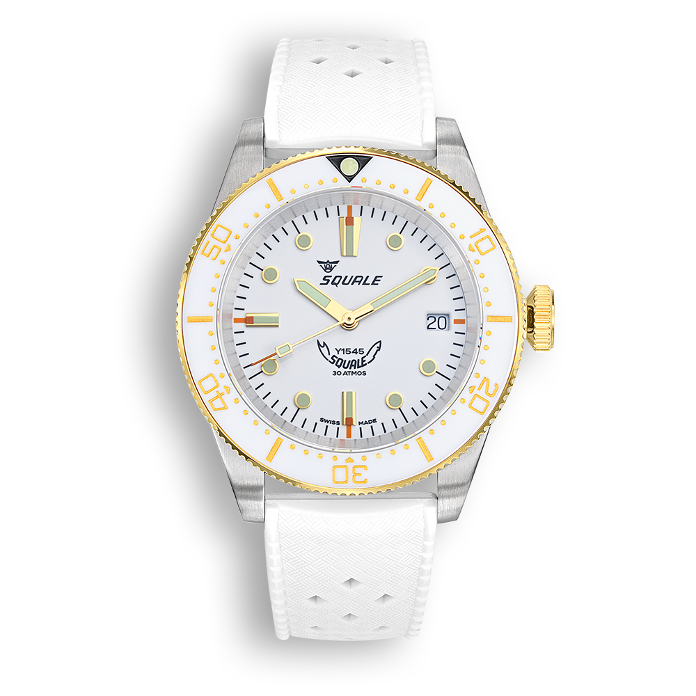 Squale 1545 blanche — bracelet caoutchouc blanc — vue de face