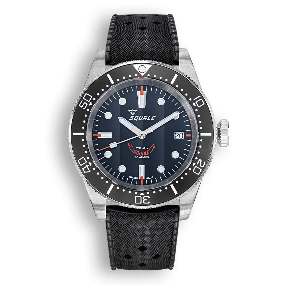 Squale 1545 noire — bracelet caoutchouc noir — vue de face