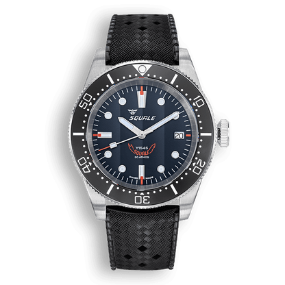 Squale 1545 noire — bracelet caoutchouc noir — vue de face