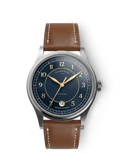 Gustave & Cie Charles Argent Et Bleu — Cuir Marron Havane Surpiqué