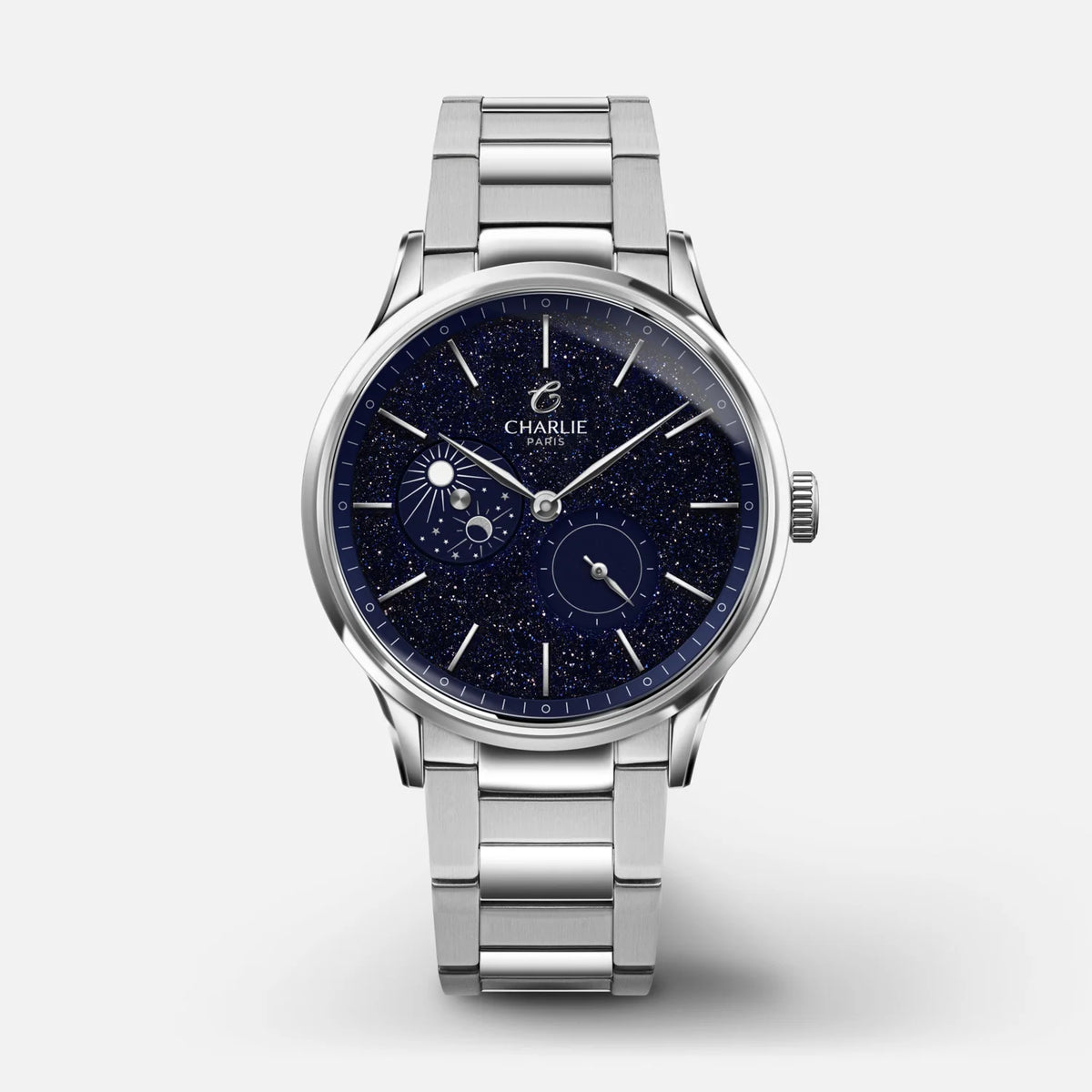 Charlie Paris Initial Jour/Nuit aventurine 36 mm : vue de face sur bracelet acier