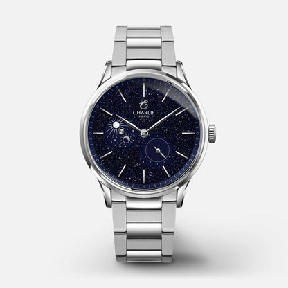 Charlie Paris Initial Jour/Nuit aventurine 36 mm : vue de face sur bracelet acier